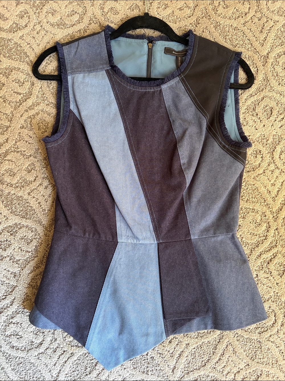 NWT BCBG Patchwork Denim Sleeveless Peplum Top - Blue